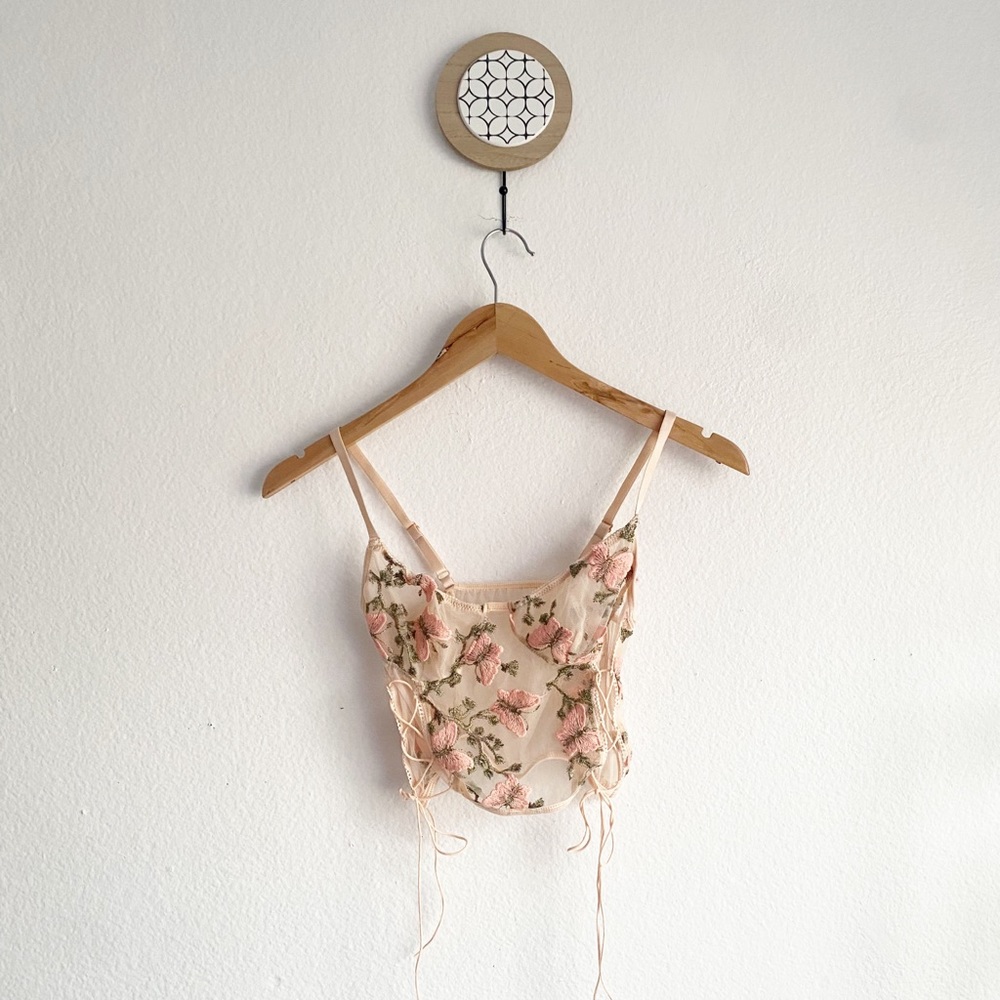 Sheer Floral Pink Romantic Dream Side Lace Up Corset Top